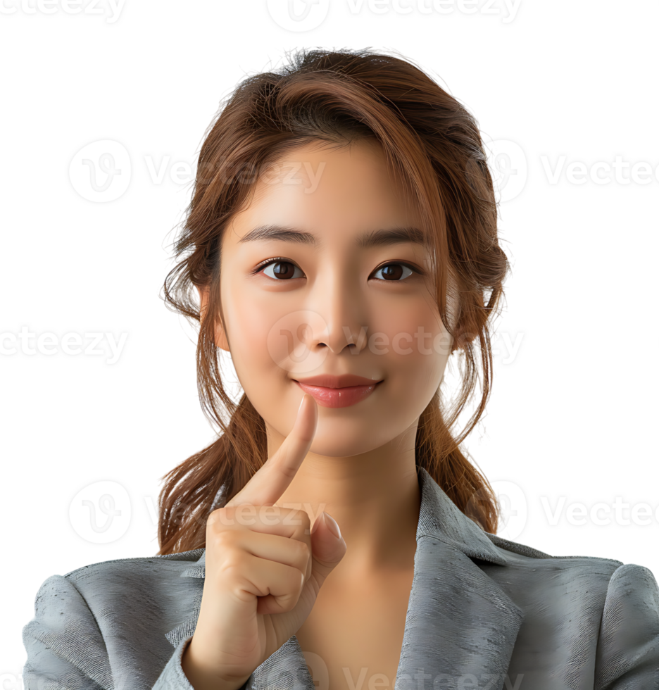 Korean Girl raises finger up Attention please on isolated transparent background png