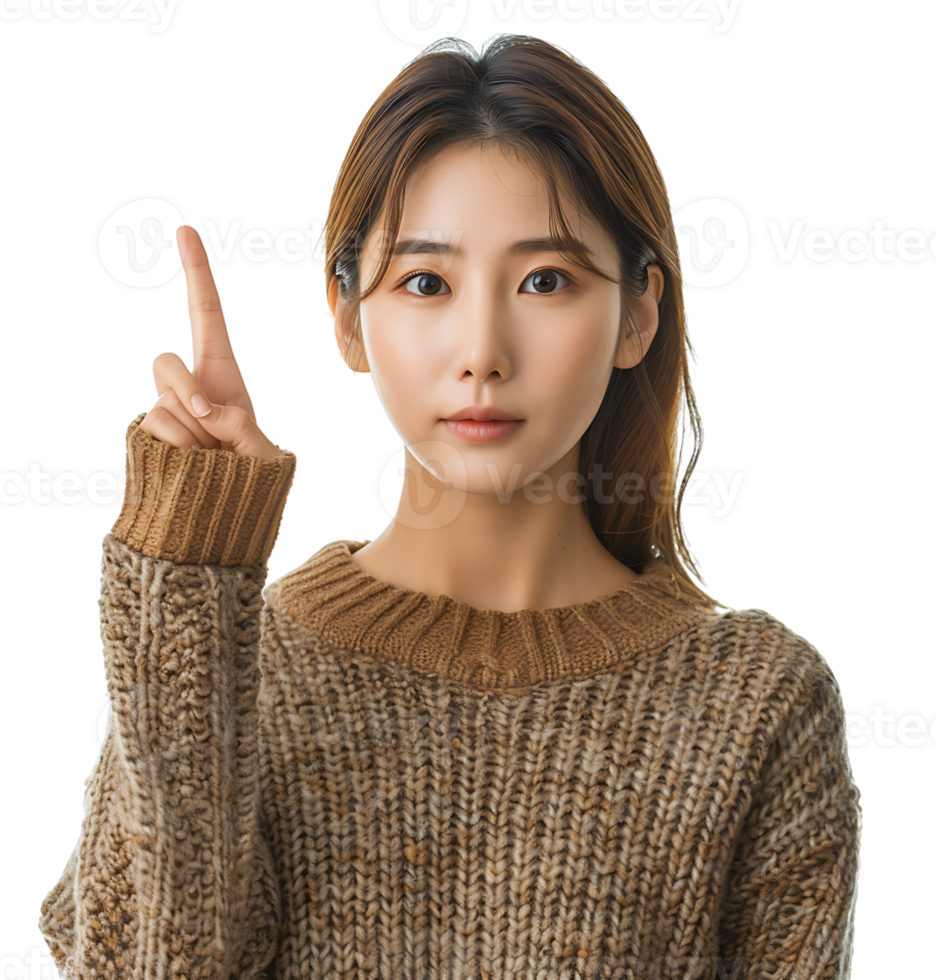 Korean Girl raises finger up Attention please on isolated transparent background png