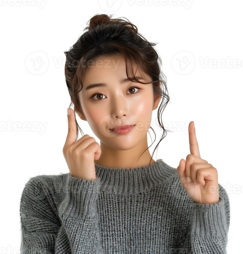 Korean Girl raises finger up Attention please on isolated transparent background png