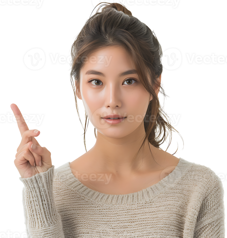 Korean Girl raises finger up Attention please on isolated transparent background png