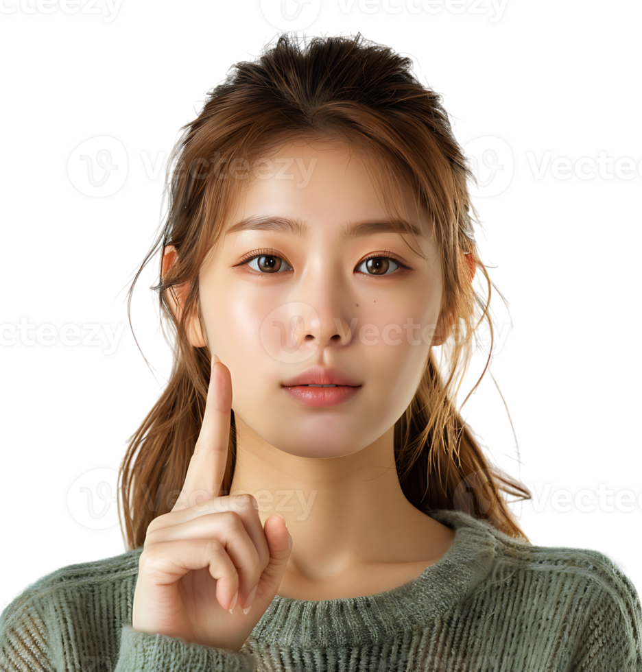 Korean Girl raises finger up Attention please on isolated transparent background png