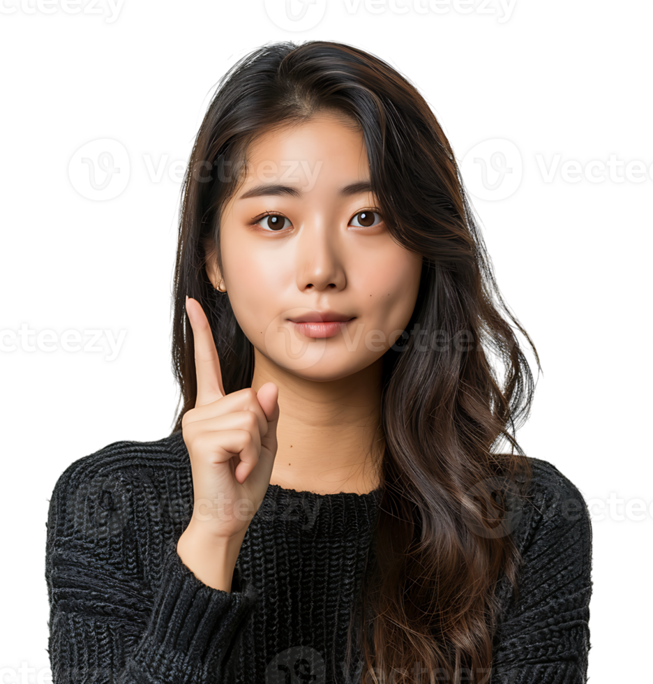 Korean Girl raises finger up Attention please on isolated transparent background png