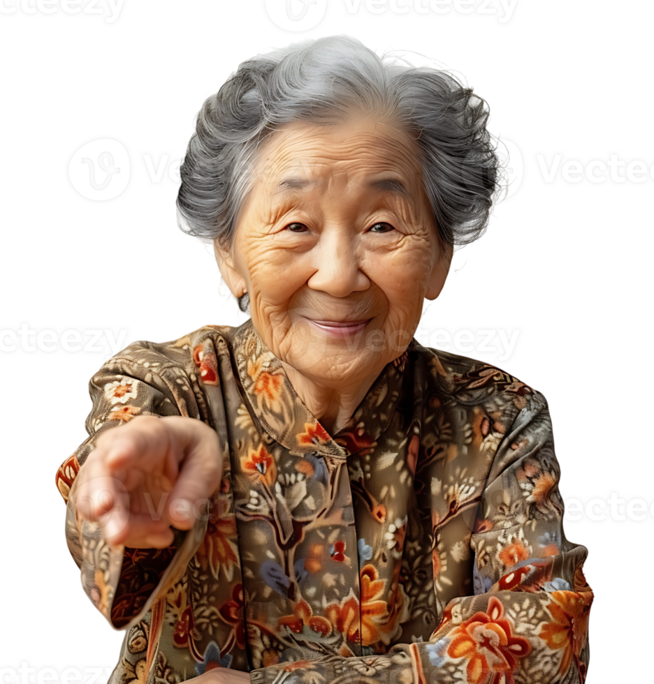 Old korean woman smiling and gesturing on isolated transparent background png