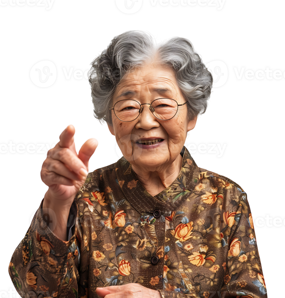 Old korean woman smiling and gesturing on isolated transparent background png