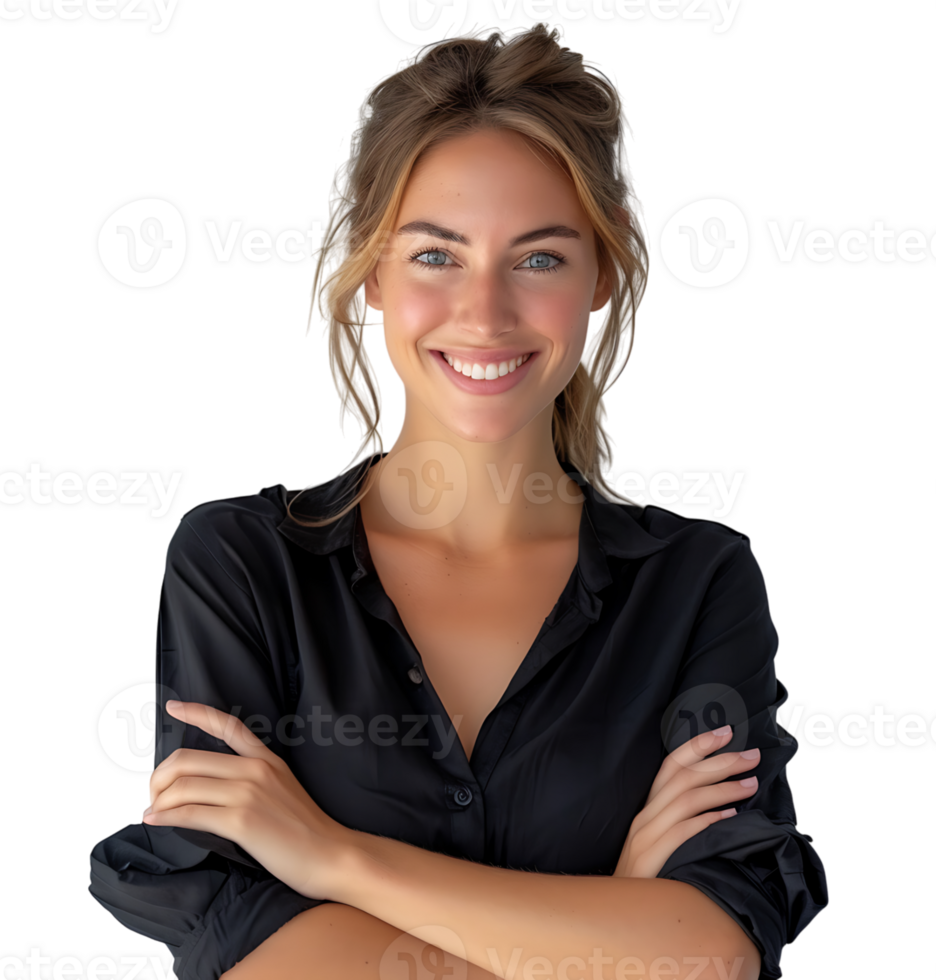 Confident young woman arms crossed looking at camera on isolated transparent background png