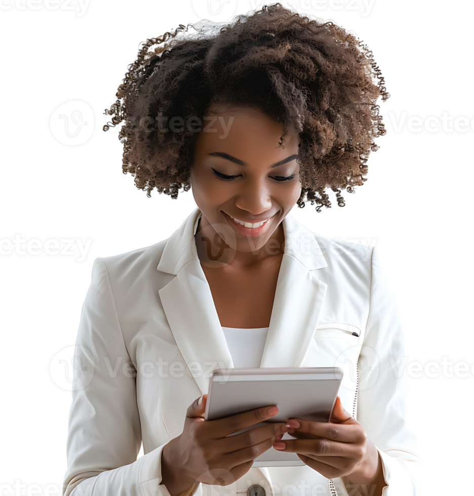 Smiling businesswoman using a digital tablet on isolated transparent background png
