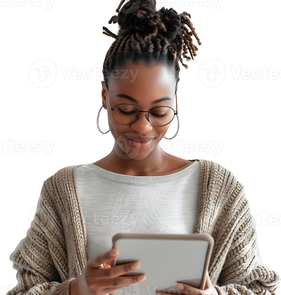 Smiling businesswoman using a digital tablet on isolated transparent background png