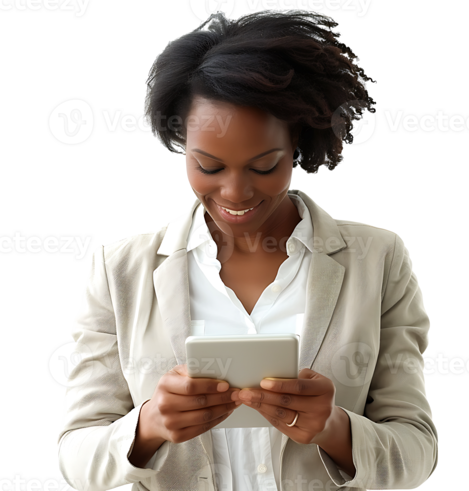 Smiling businesswoman using a digital tablet on isolated transparent background png