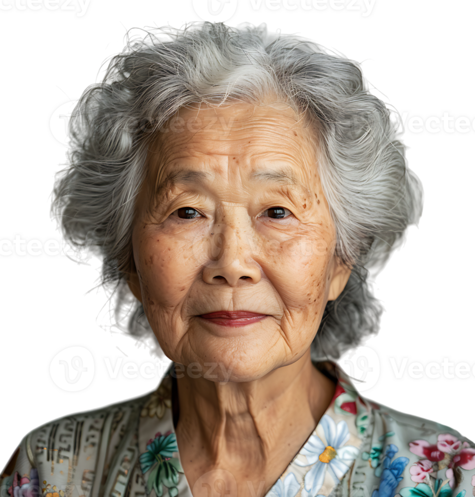 Old korean woman smiling and gesturing on isolated transparent background png