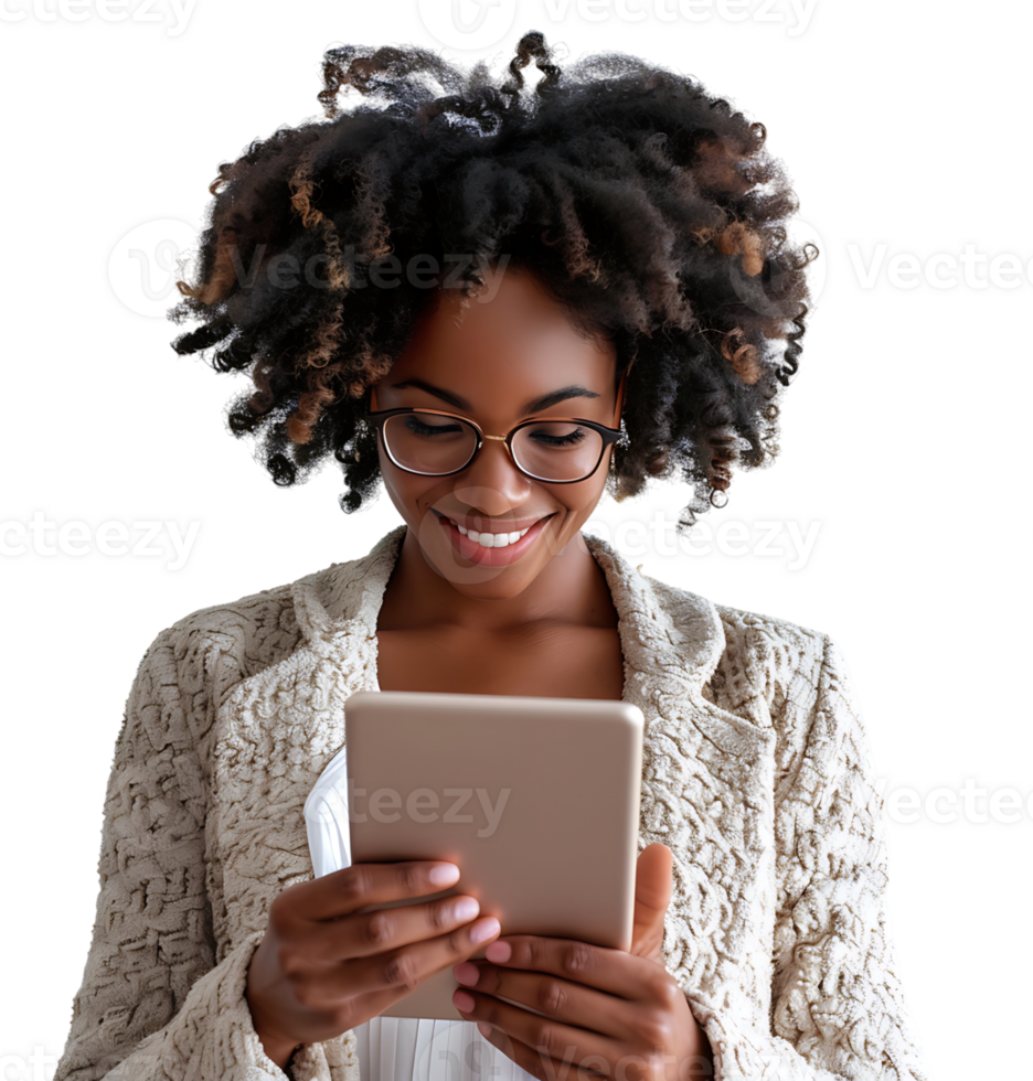 Smiling businesswoman using a digital tablet on isolated transparent background png