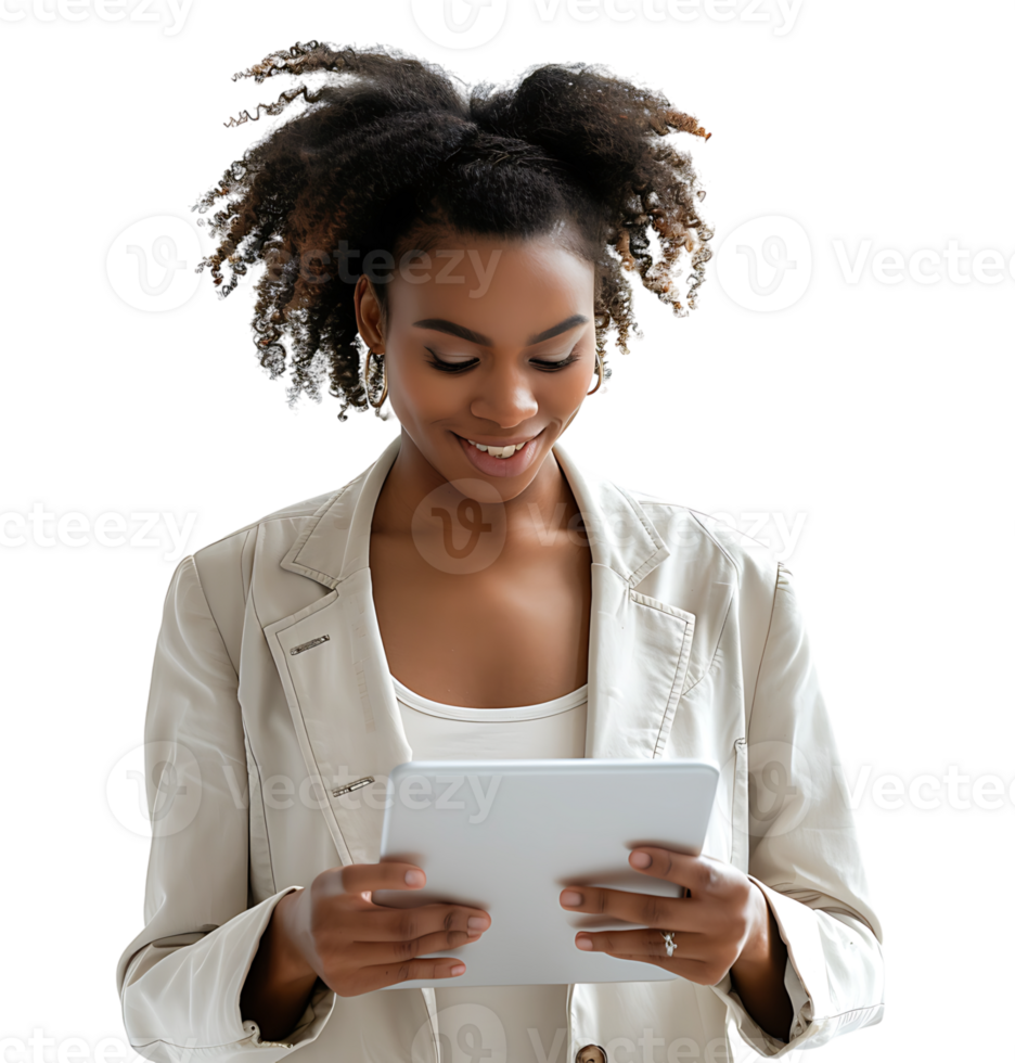 Smiling businesswoman using a digital tablet on isolated transparent background png