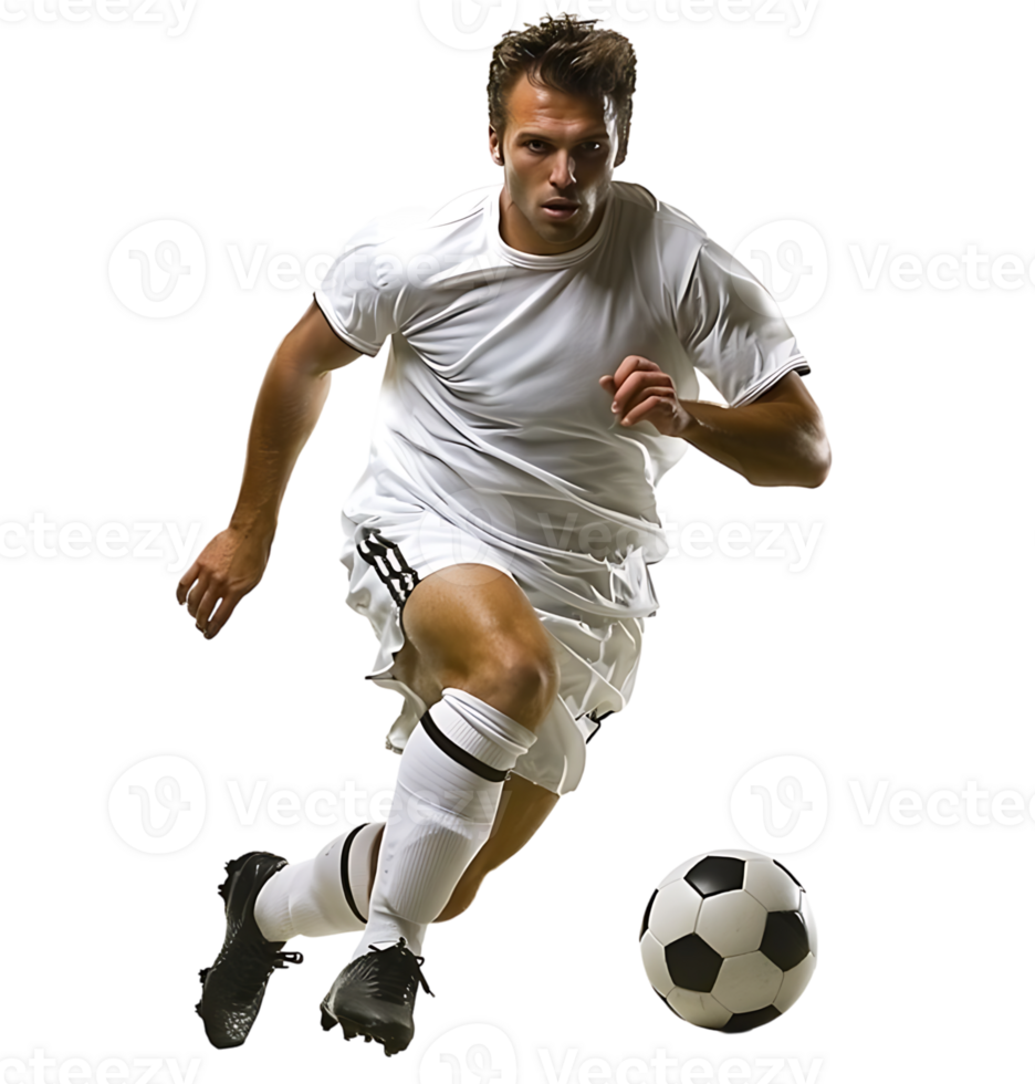 An athlete playing football on isolated transparent background png