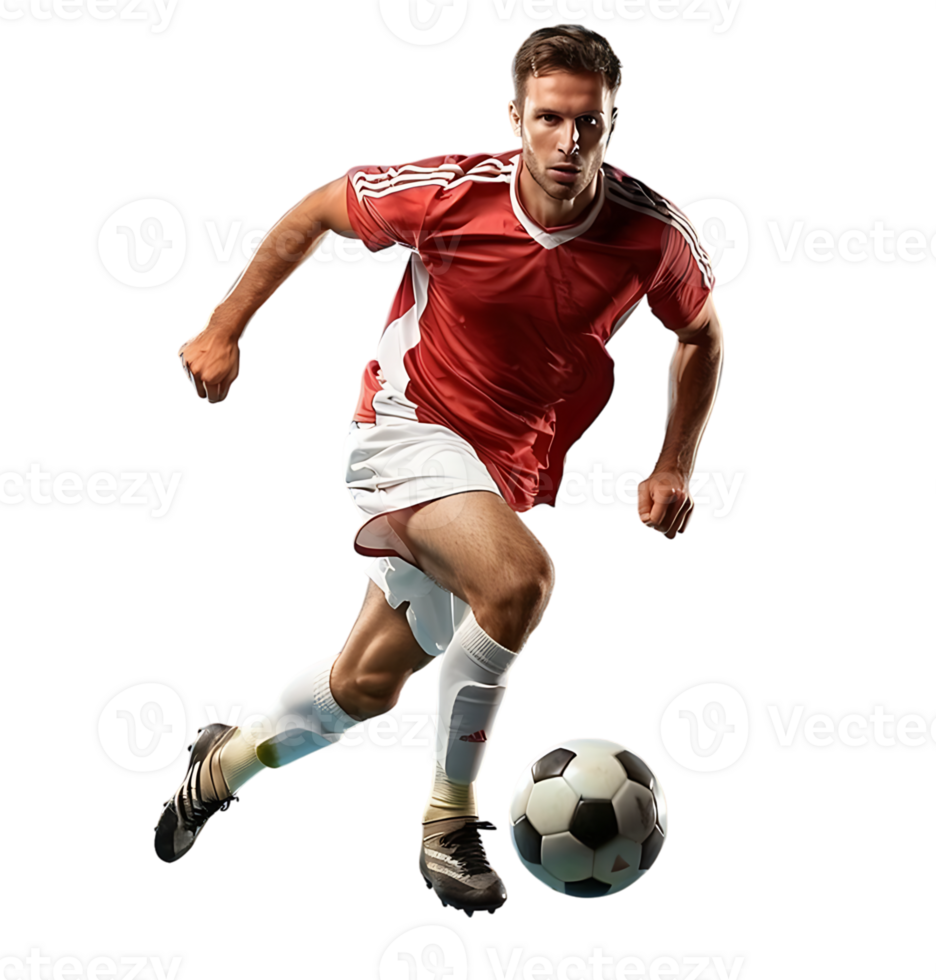 An athlete playing football on isolated transparent background png