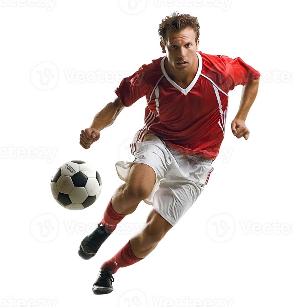 An athlete playing football on isolated transparent background png