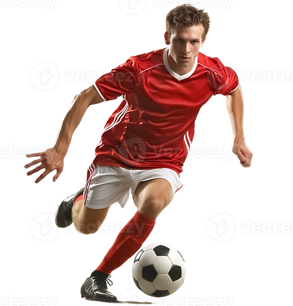 An athlete playing football on isolated transparent background png