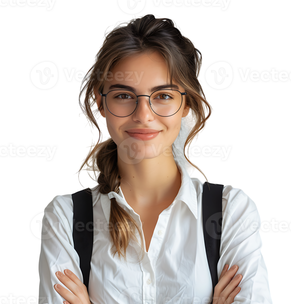 Confident young woman arms crossed looking at camera on isolated transparent background png