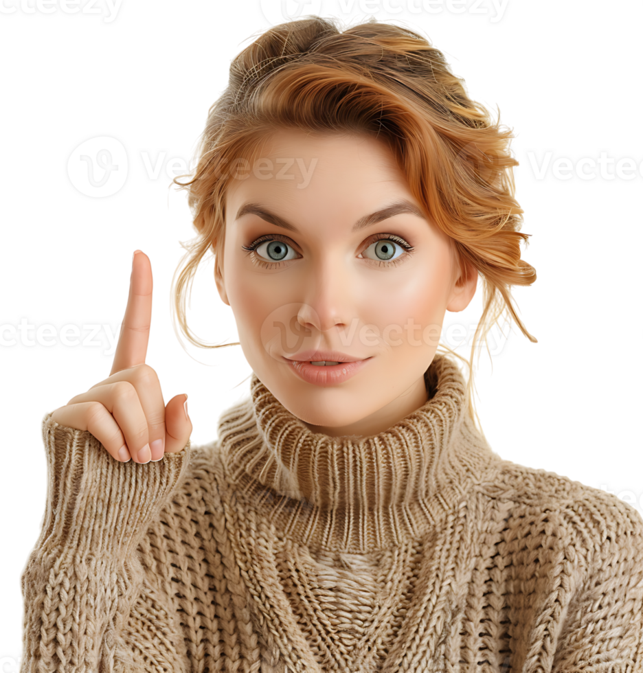 Girl raises finger up, says Attention please stock photo on isolated transparent background png
