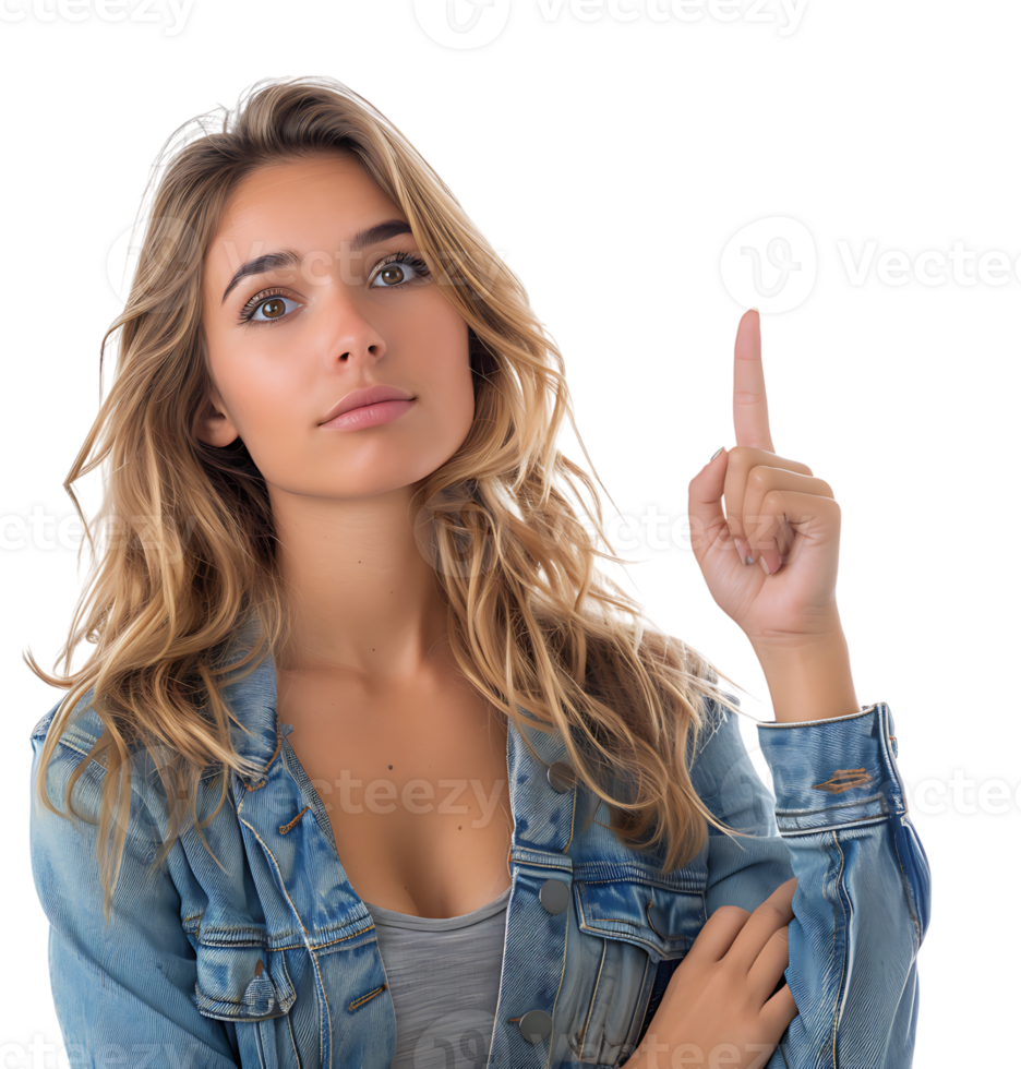 Girl raises finger up, says Attention please stock photo on isolated transparent background png
