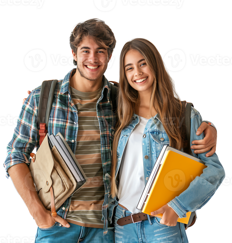 Young Couple With Laptop And Workbooks Posing on isolated transparent background png
