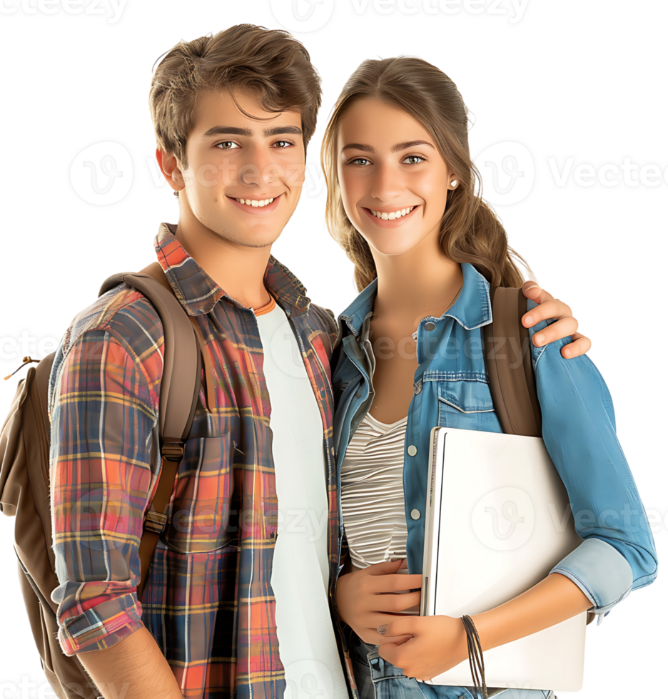Young Couple With Laptop And Workbooks Posing on isolated transparent background png