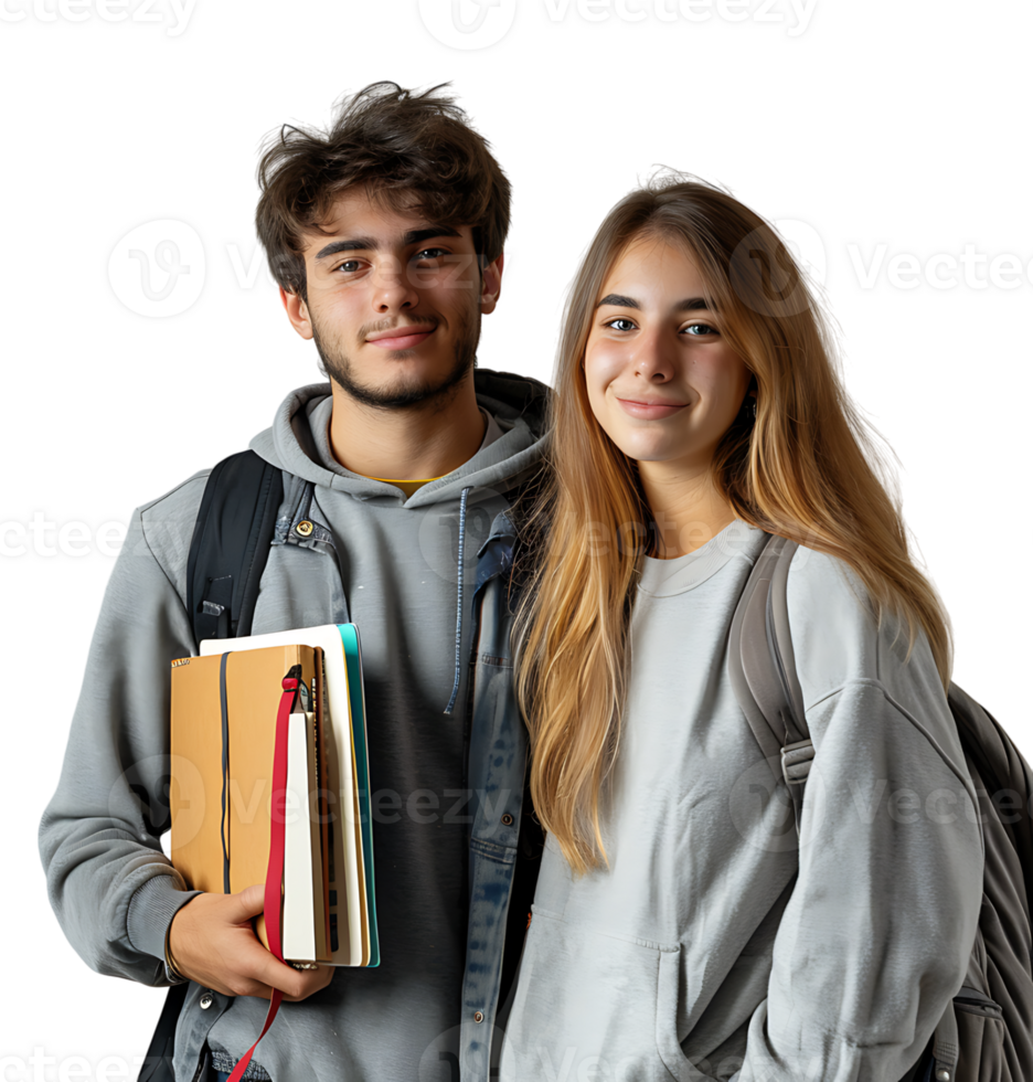 Young Couple With Laptop And Workbooks Posing on isolated transparent background png