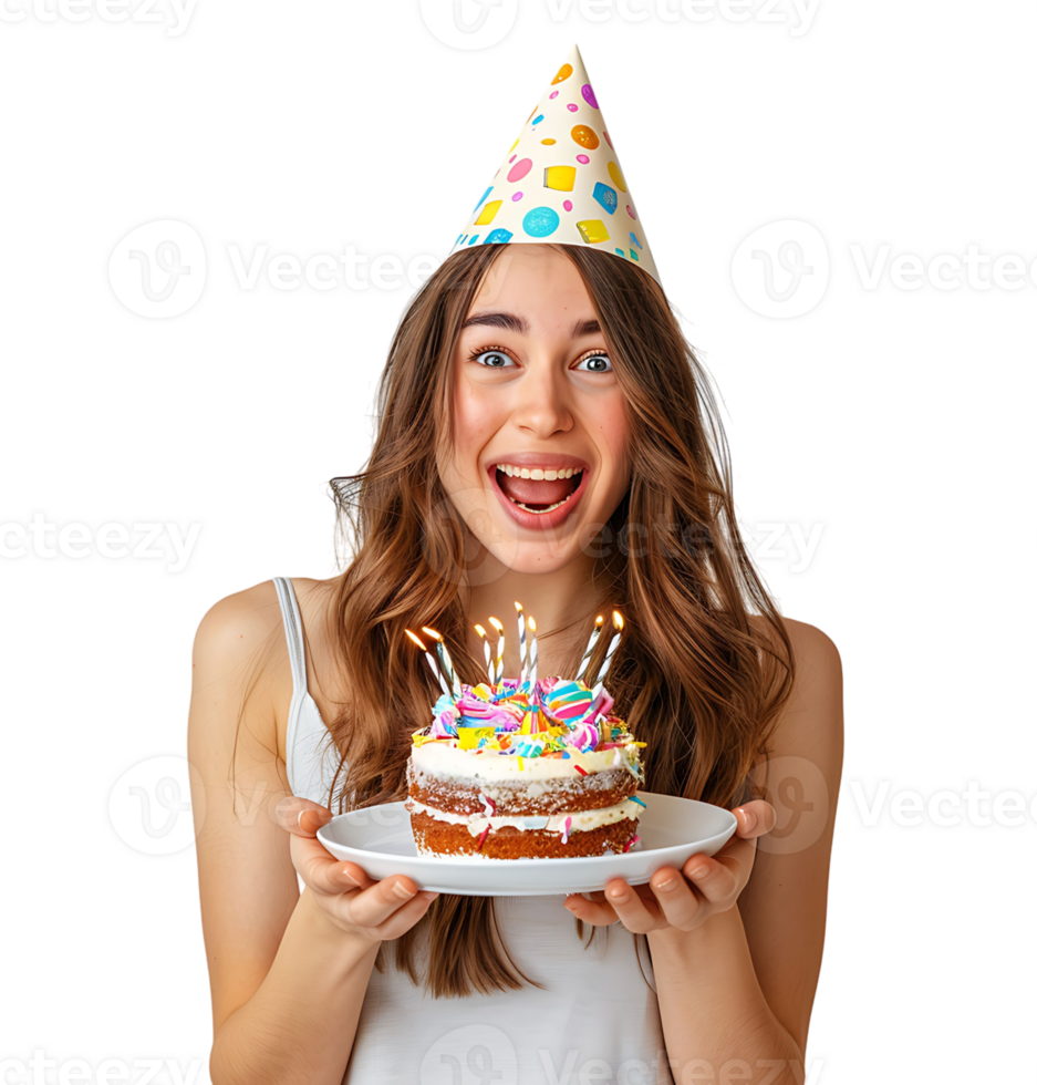 Girl with birthday hat, holding cake on plate with two hands, making wish on isolated transparent background png