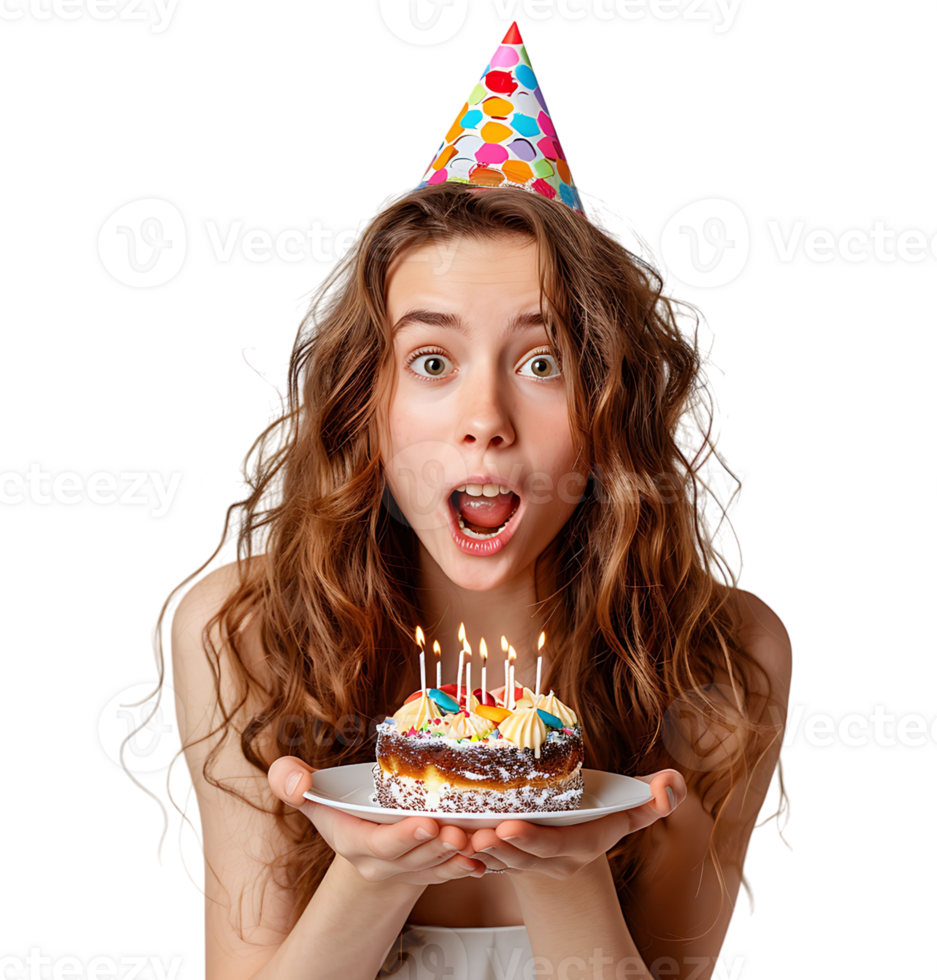 Girl with birthday hat, holding cake on plate with two hands, making wish on isolated transparent background png