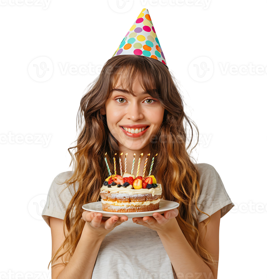 Girl with birthday hat, holding cake on plate with two hands, making wish on isolated transparent background png
