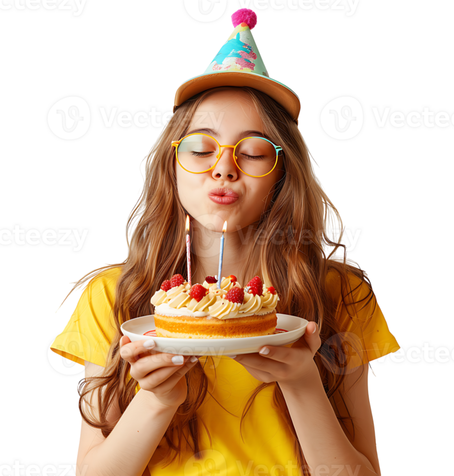Girl with birthday hat, holding cake on plate with two hands, making wish on isolated transparent background png