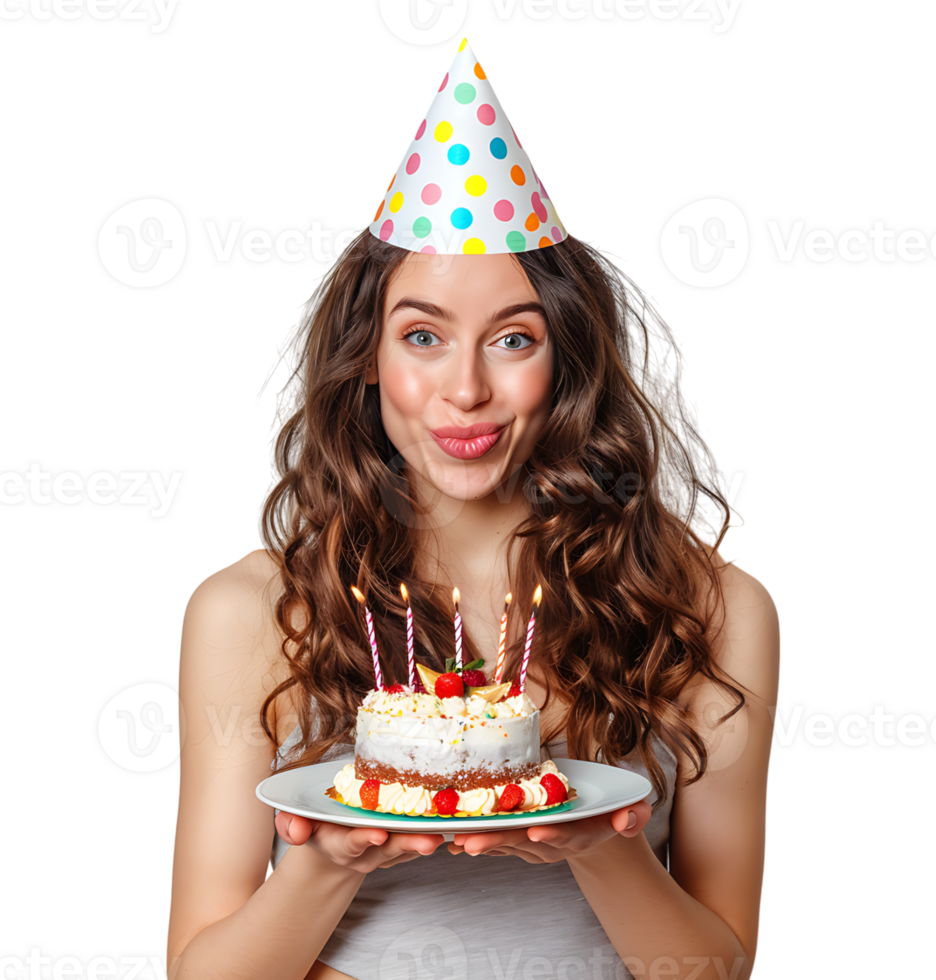 Girl with birthday hat, holding cake on plate with two hands, making wish on isolated transparent background png