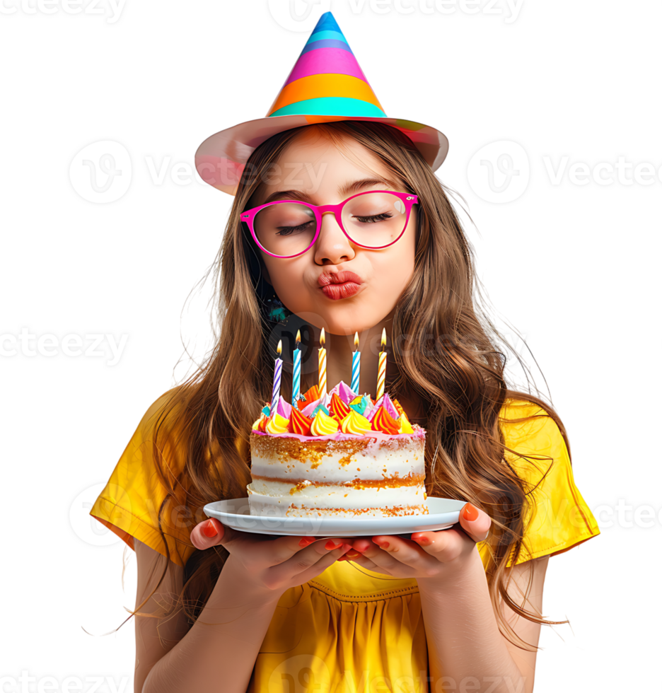 Girl with birthday hat, holding cake on plate with two hands, making wish on isolated transparent background png