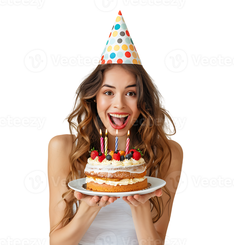 Girl with birthday hat, holding cake on plate with two hands, making wish on isolated transparent background png