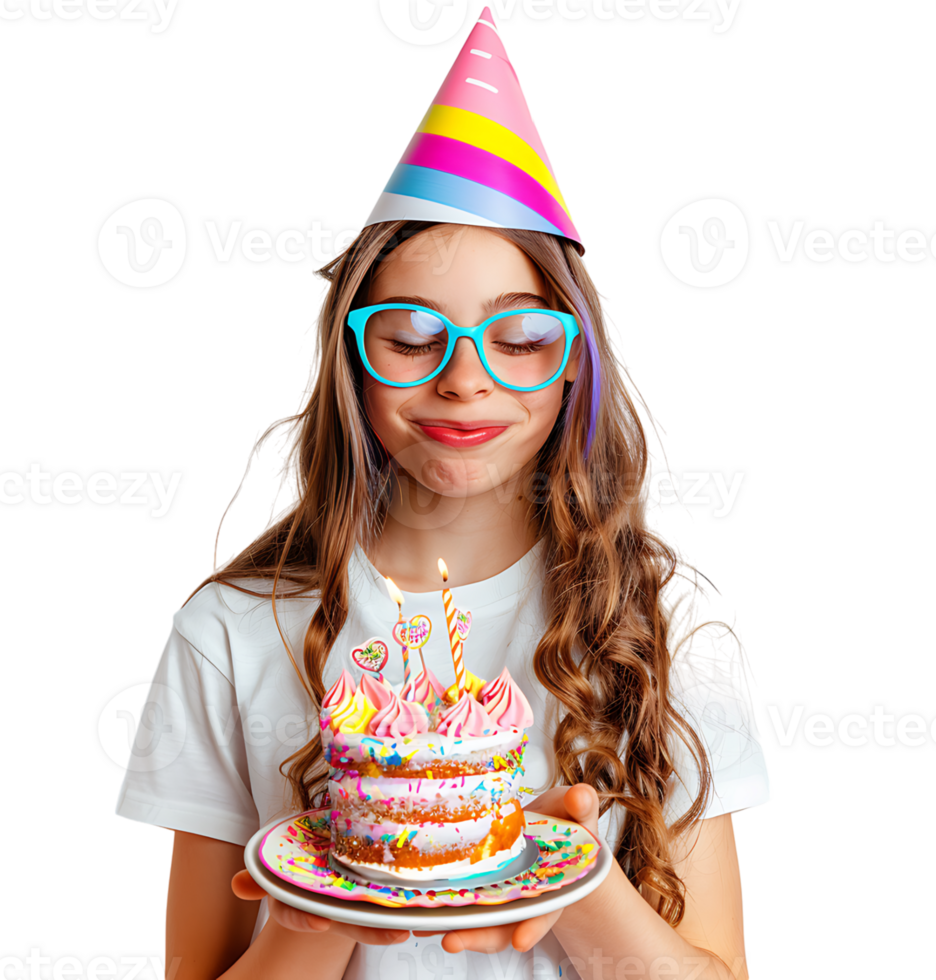 Girl with birthday hat, holding cake on plate with two hands, making wish on isolated transparent background png
