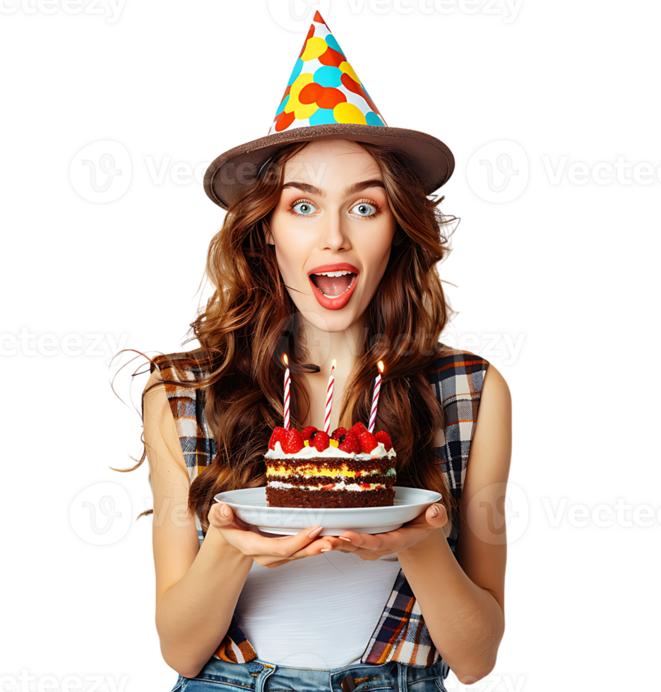 Girl with birthday hat, holding cake on plate with two hands, making wish on isolated transparent background png