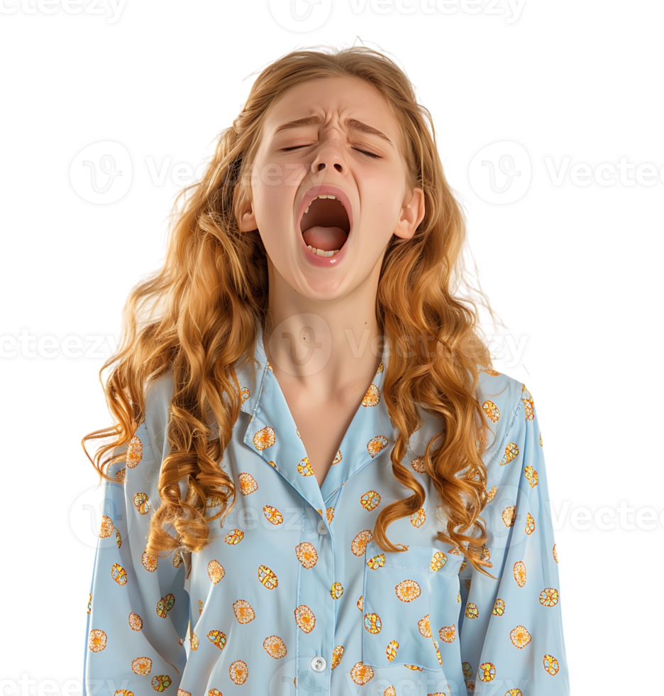 portrait of teenage girl in pyjama shirt and yawning on isolated transparent background png