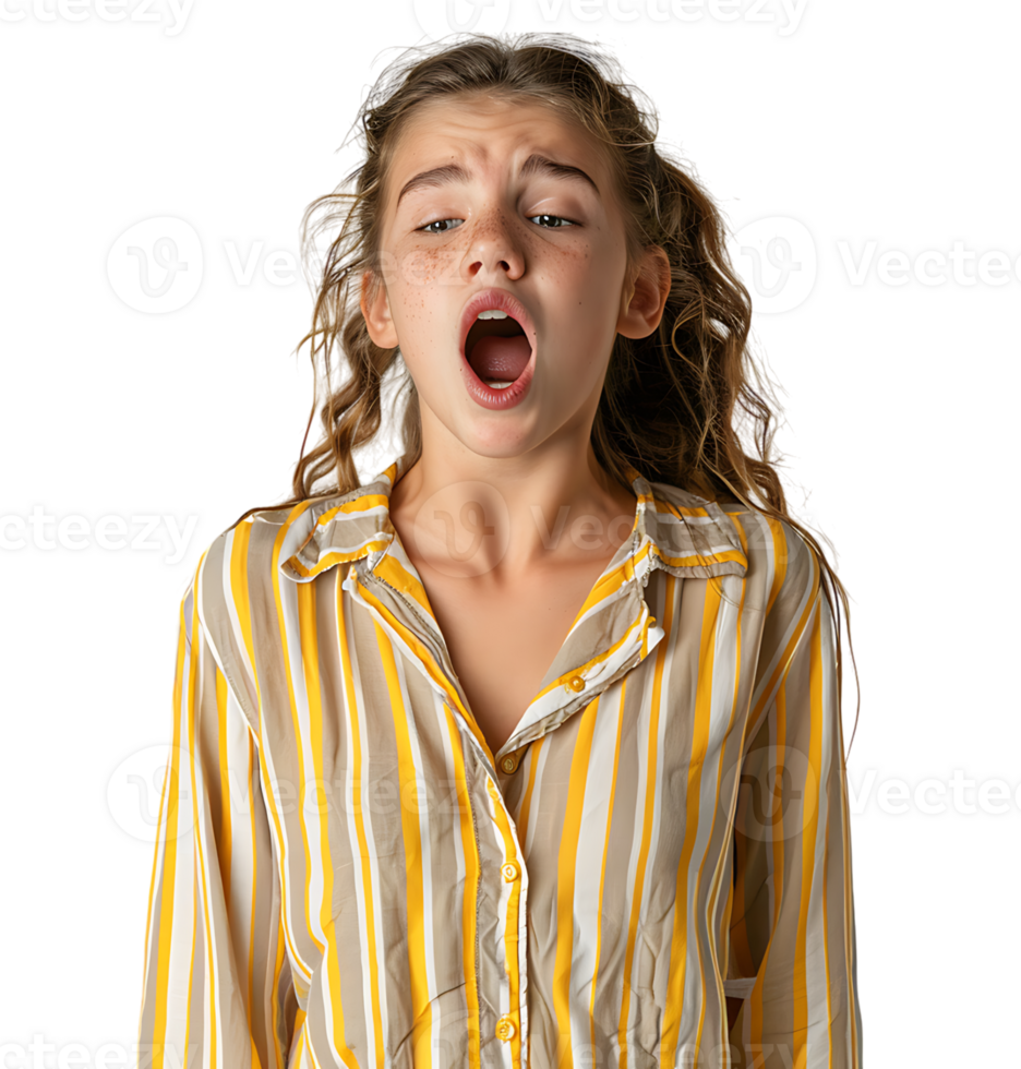 portrait of teenage girl in pyjama shirt and yawning on isolated transparent background png
