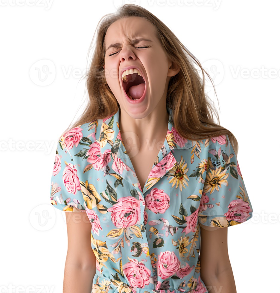 portrait of teenage girl in pyjama shirt and yawning on isolated transparent background png