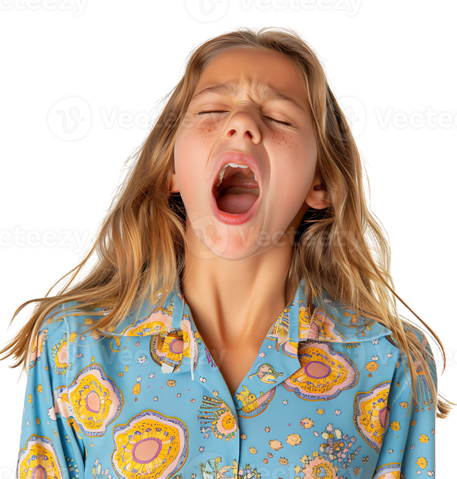 portrait of teenage girl in pyjama shirt and yawning on isolated transparent background png
