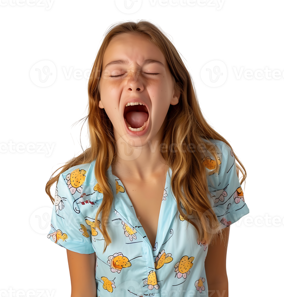 portrait of teenage girl in pyjama shirt and yawning on isolated transparent background png