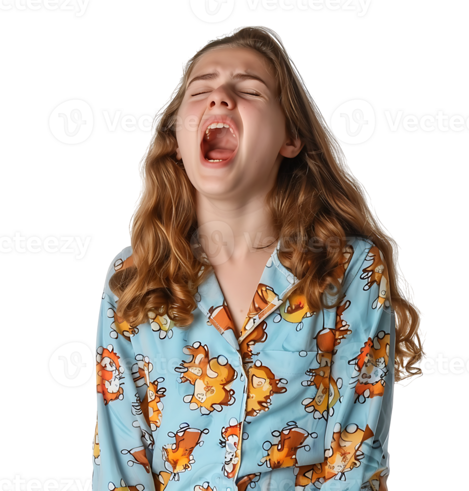 portrait of teenage girl in pyjama shirt and yawning on isolated transparent background png