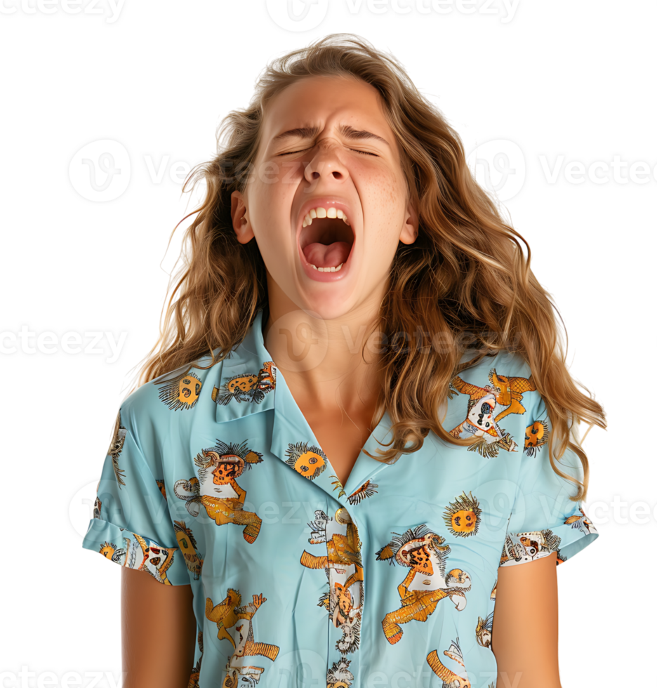 portrait of teenage girl in pyjama shirt and yawning on isolated transparent background png