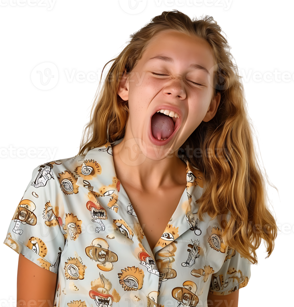 portrait of teenage girl in pyjama shirt and yawning on isolated transparent background png