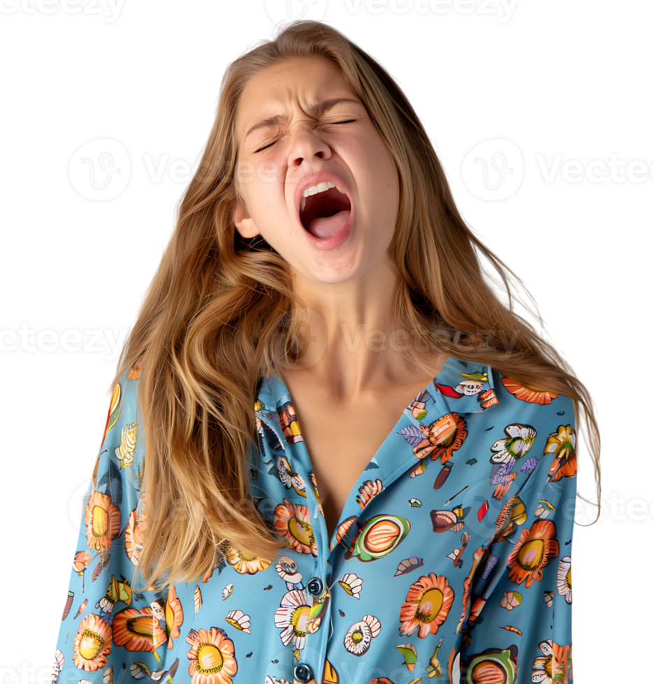 portrait of teenage girl in pyjama shirt and yawning on isolated transparent background png