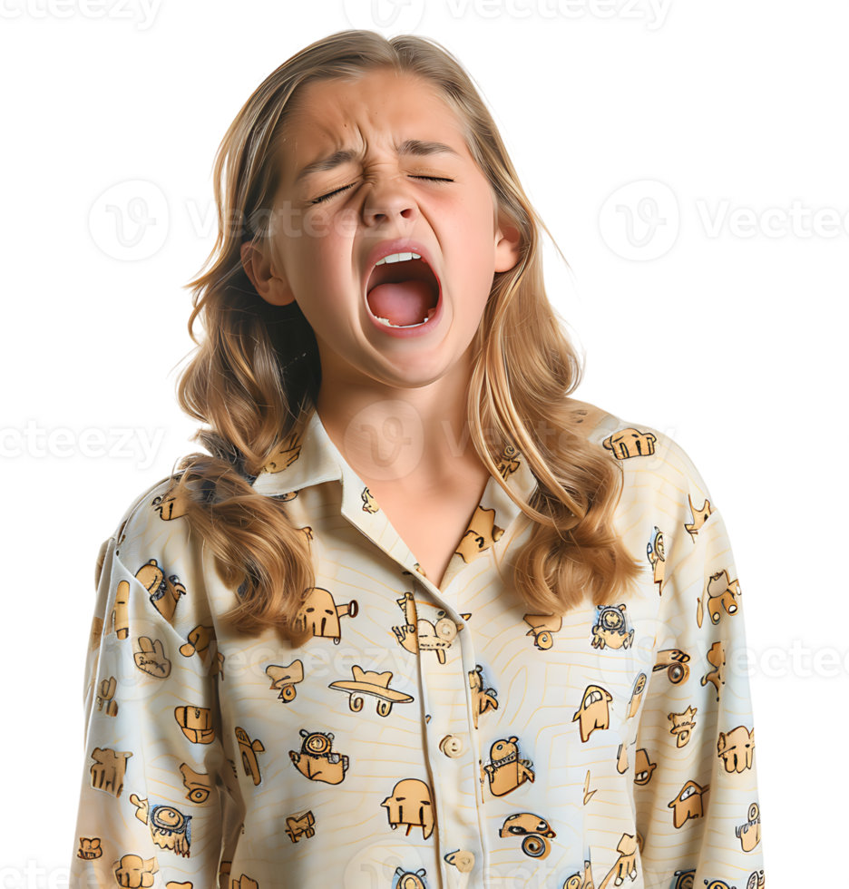 portrait of teenage girl in pyjama shirt and yawning on isolated transparent background png