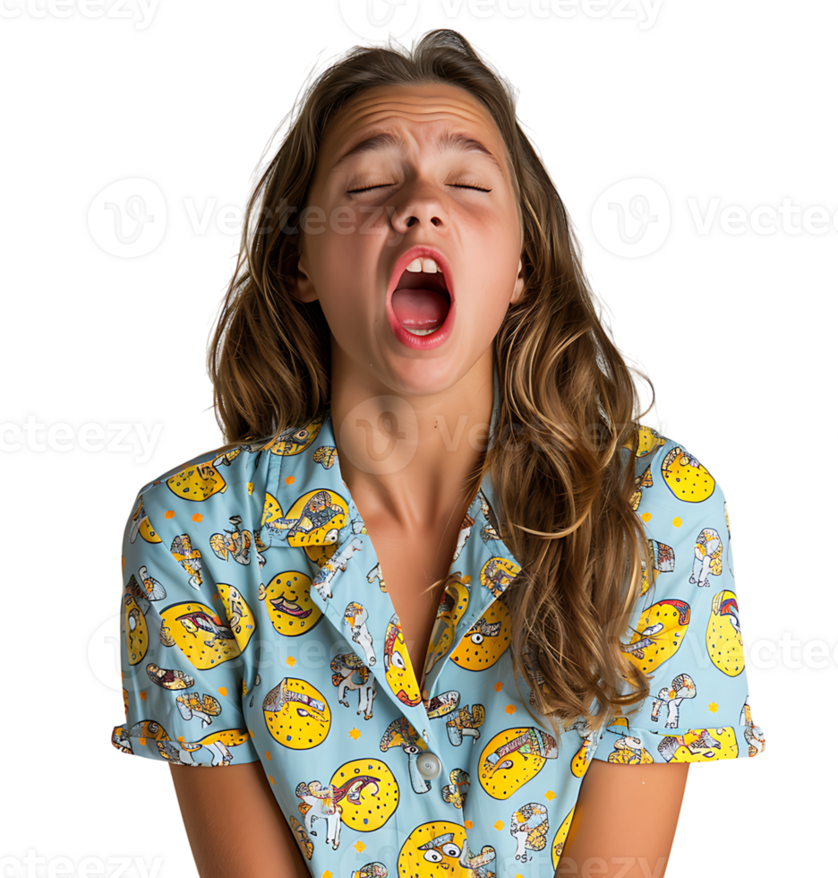 portrait of teenage girl in pyjama shirt and yawning on isolated transparent background png