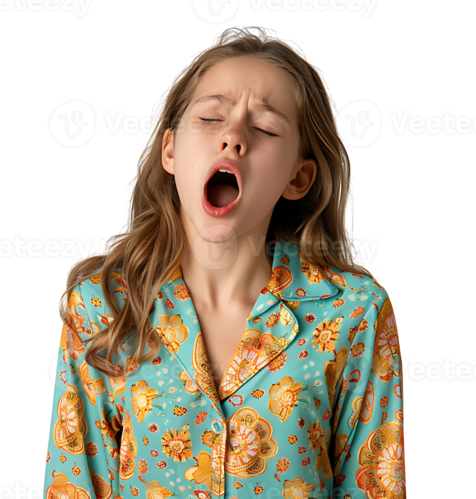 portrait of teenage girl in pyjama shirt and yawning on isolated transparent background png