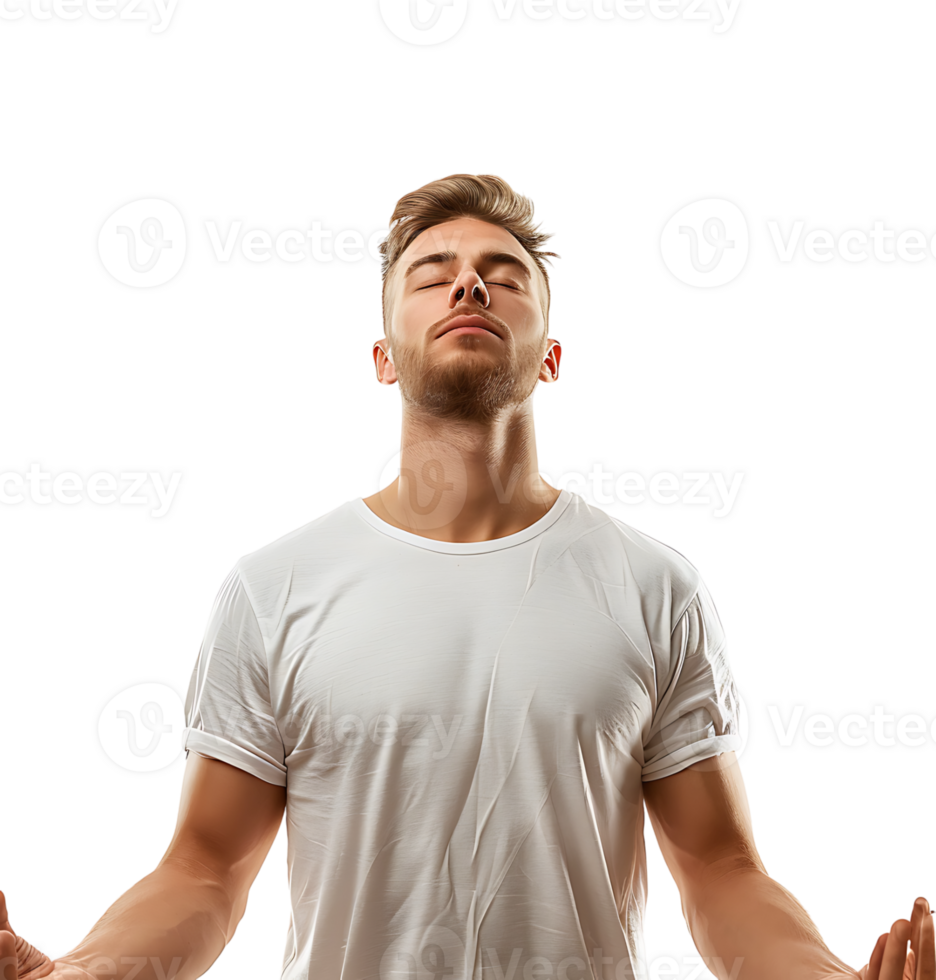 Yoga and meditation concept. Concentrated relaxed man standing meditation on isolated transparent background png