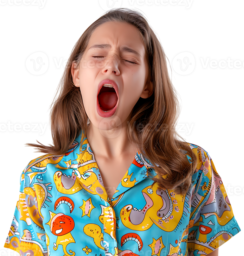 portrait of teenage girl in pyjama shirt and yawning on isolated transparent background png