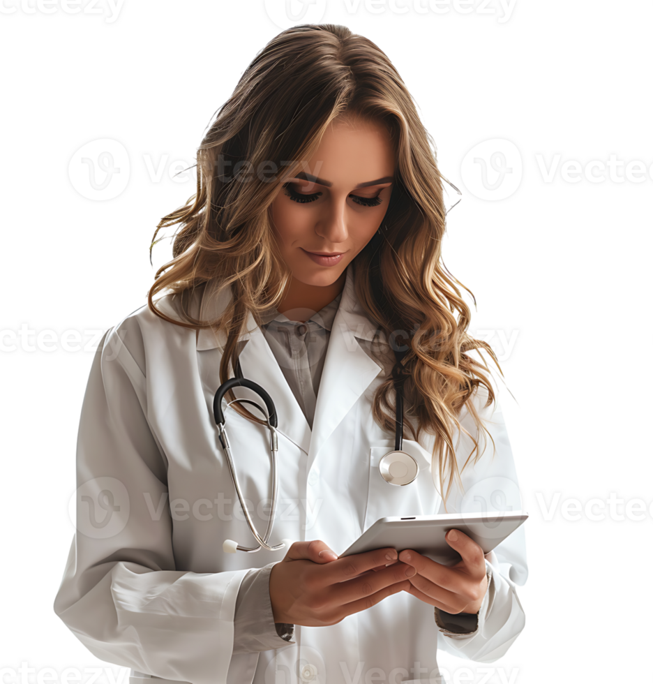 Confident female doctor using smartphone on isolated transparent background png