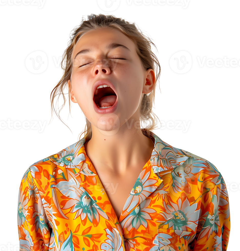 portrait of teenage girl in pyjama shirt and yawning on isolated transparent background png